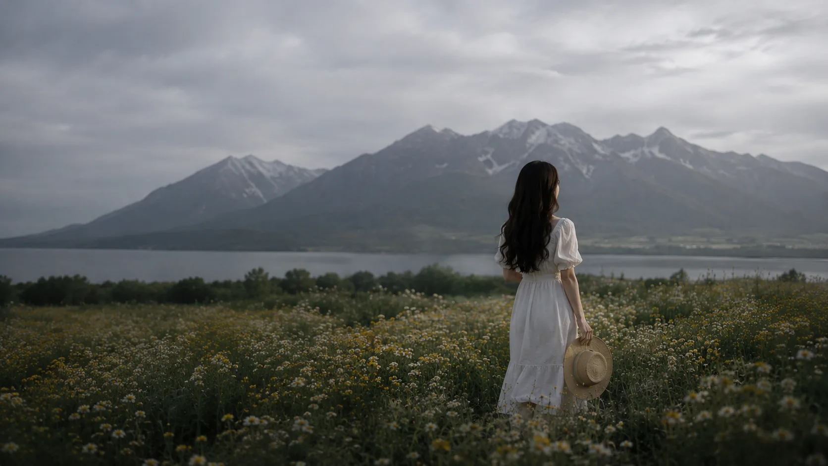 生成元の写真：山と湖を背景に花畑に立つ女性